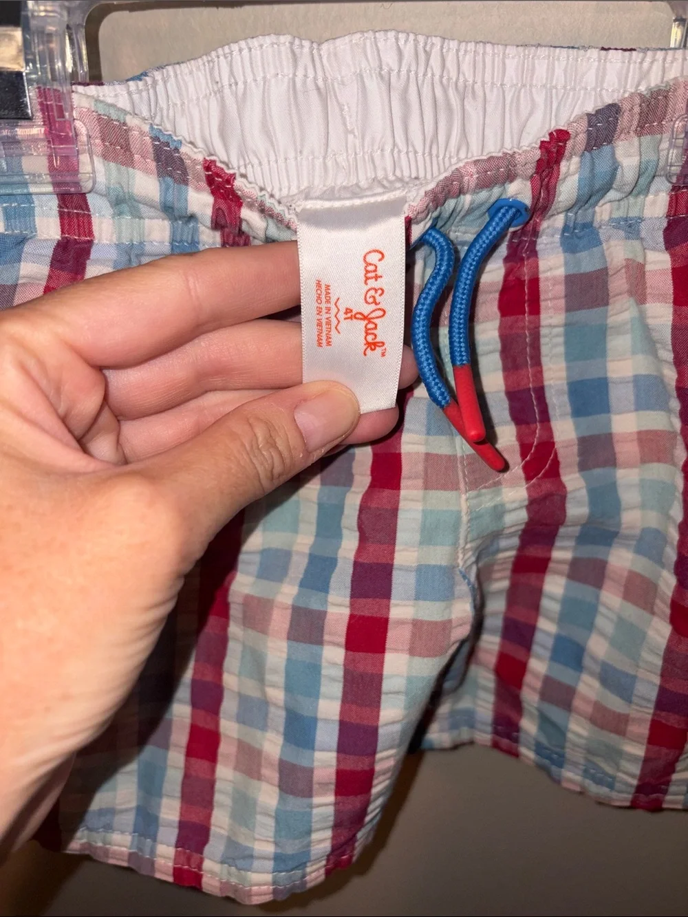 Cat & Jack Red, Blue, White Plaid Kids Swim Trunks